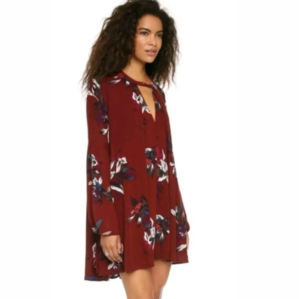 Free People Floral Electric Orchid Maroon Red Keyhole Tunic Dress Boho Casual XS